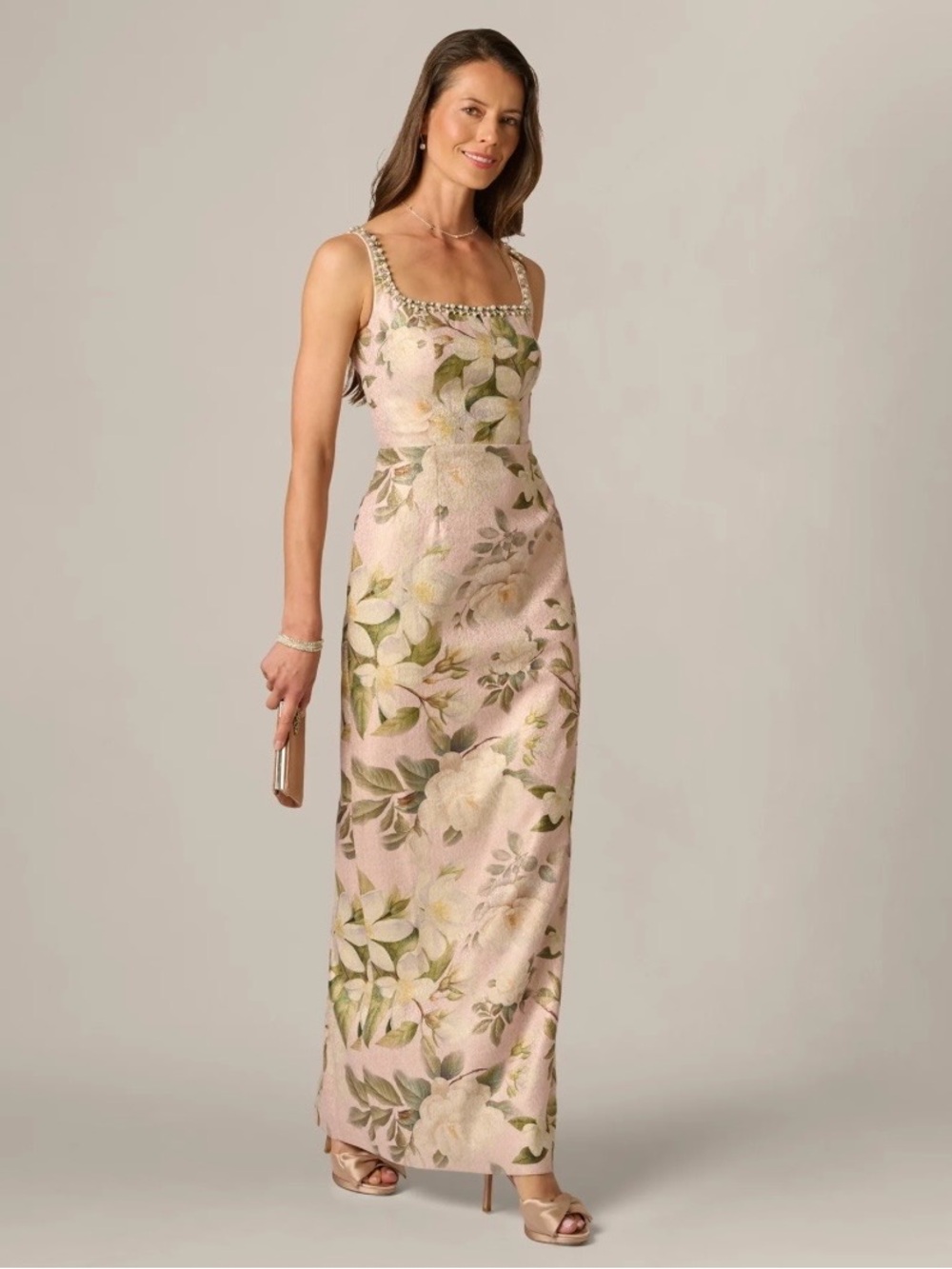Adrianna Papell Blush Pink Floral Maxi Dress with Embellished Square Neck